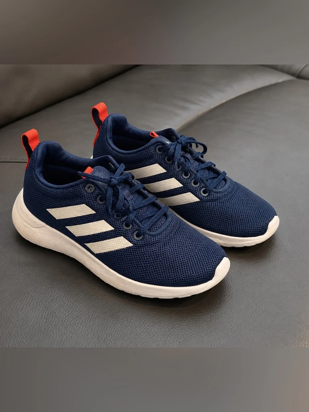 adidas Kids Navy Blue Sneakers with White Stripes and Orange Pull Tabs